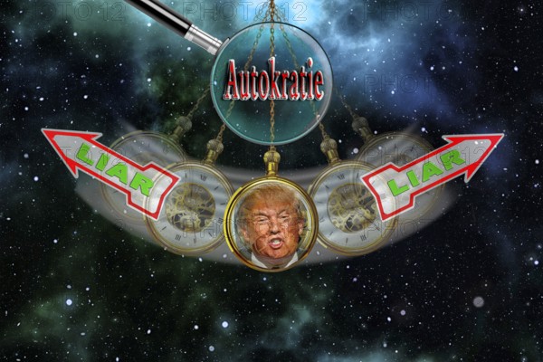 Symbolic image, Trump as a notorious liar in pendulum clock, wrong decisions, genius mania,