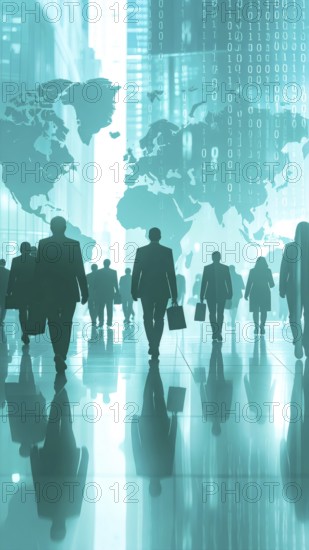 Business, abstract background, blur computer code, silhouette of walking people in a hall, blue