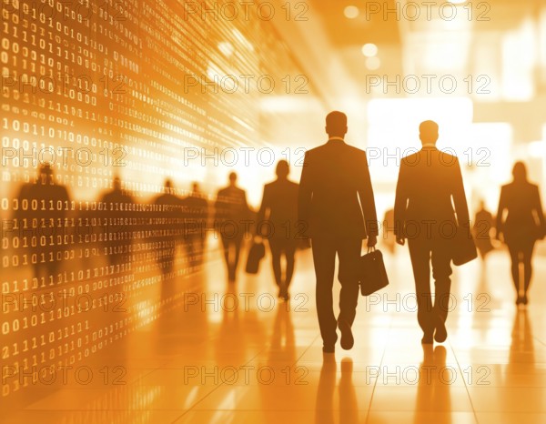 Business, abstract background, blur computer code, silhouette of walking people in a hall, orange
