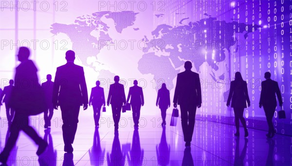 Business, abstract background, blur computer code, silhouette of walking people in a hall, purple
