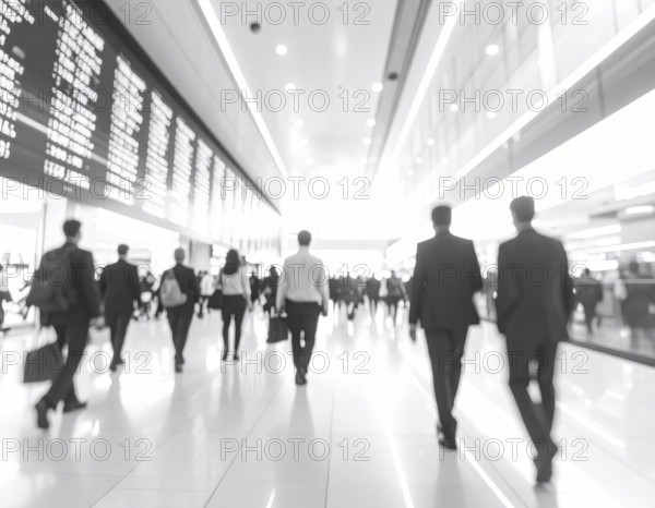 Business, abstract background, blur computer code, silhouettes of walking people, monochromatic