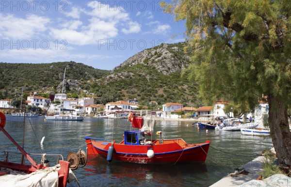 Red boat in the harbour of Agia Kiriaki on the Aegean Sea, Pelion or Pelion Peninsula, Magnisia,
