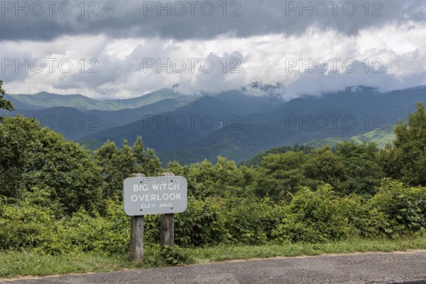 Sign at Big Witch Overlook along the Blue Ridge Parkway in the Smoky Mountains near Cherokee, North
