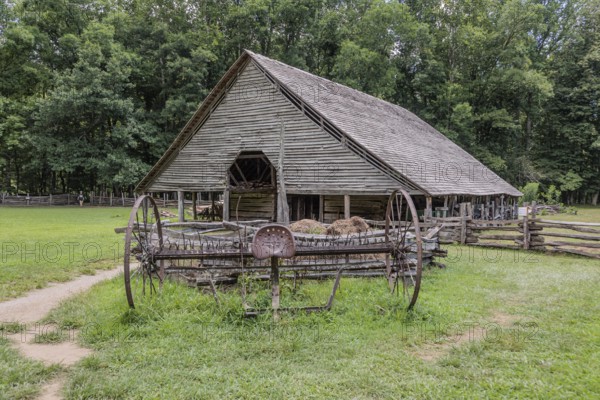 Historic log buildings at the Oconaluftee Visitor Center at Great Smoky Mountains National Park