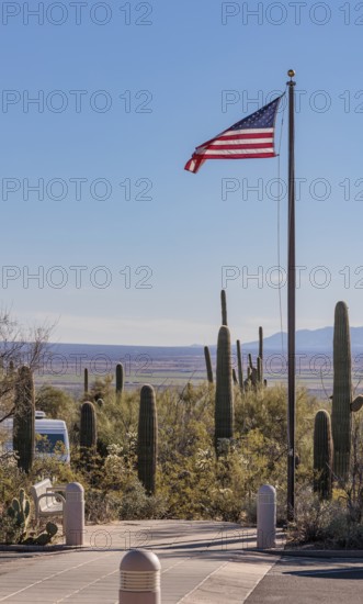 American flag flying near the entrance to the Organ Pipe Cactus National Monument in southern