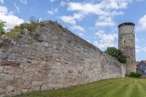 Medieval town wall with defence defence tower, Bad Sooden-Allendorf, Allendorf district, blue sky,