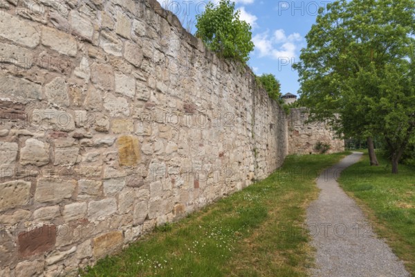 Hiking trail along medieval town wall, Bad Sooden-Allendorf, Allendorf district, lawn, trees, blue