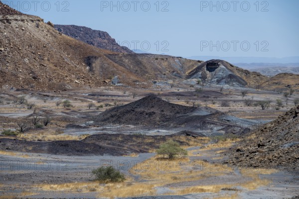 Dry landscape with yellow grass and black volcanic hills, Burnt Mountain, Damaraland, Kunene,