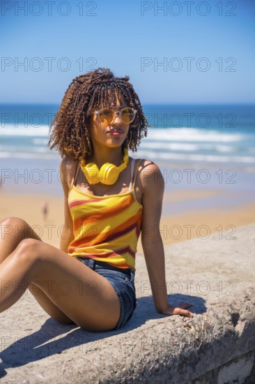 Young woman soaking up summer sun and beach vibes, wearing trendy headphones and stylish sunglasses