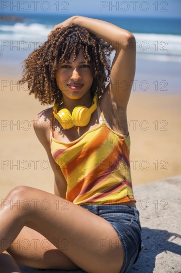 Young woman with curly hair wearing headphones around neck and colorful clothes relaxing on low