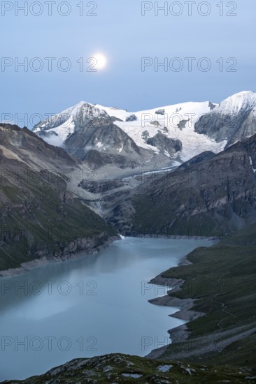 Mountain landscape with turquoise blue reservoir Lac des Dix and summit Mont Blanc de Cheilon,