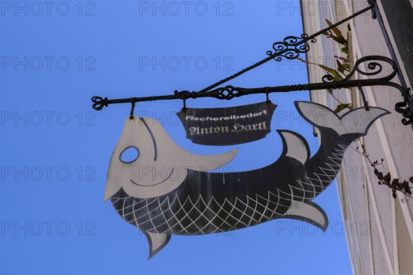 House sign, fish, fishing equipment, Passau, Lower Bavaria, Bavaria, Germany