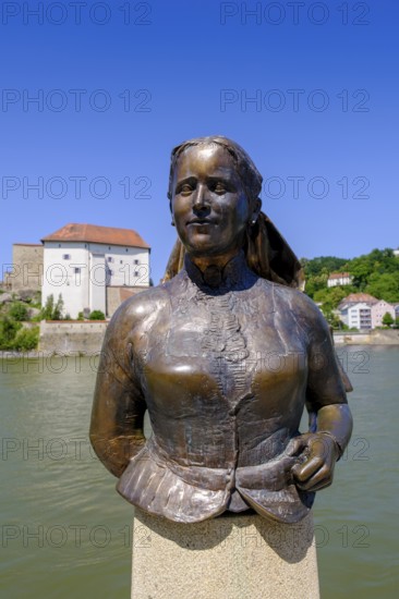 Memorial to Emerenz Meier (1874-1928), writer, by Christine Wagner, 2008, on the Danube, Passau,