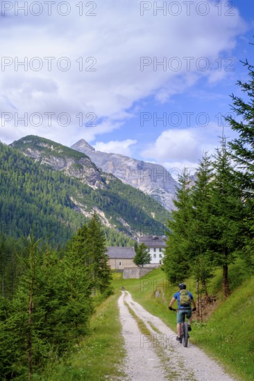 Cyclist on the railway cycle path, at the Rifugio Ospitale, Val Felizon, Cortina d'Ampezzo,