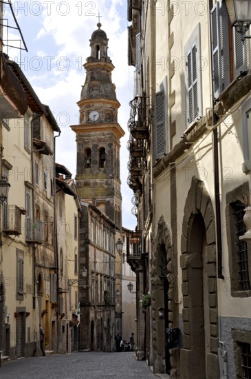 Church of Chiesa San Pietro Apostolo, Apostolico, campanile, bell tower with pagoda-shaped top, Via