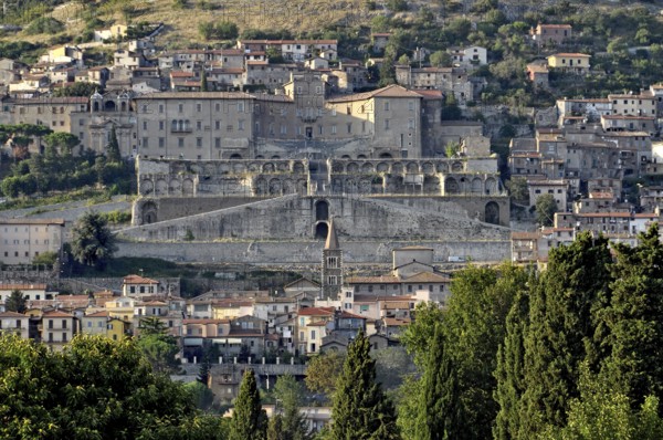 Baroque palace Palazzo Colonna Barberini above terraces of the temple complex, ruins of the