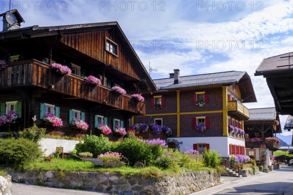 Old farmhouses in the Fontna district, Sappada, Plodn, Carnic Alps, Julian Friuli, Italy