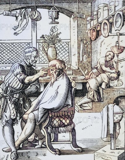 Barber. Reproduction of a woodcut from the 16th century by Jost Amman from the 19th century,