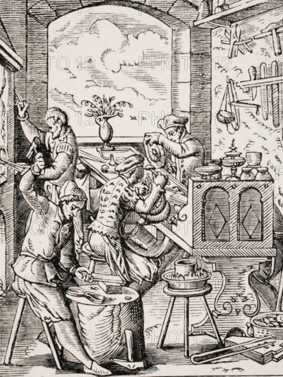 Goldsmith. Reproduction of a woodcut from the 16th century by Jost Amman from the 19th century,