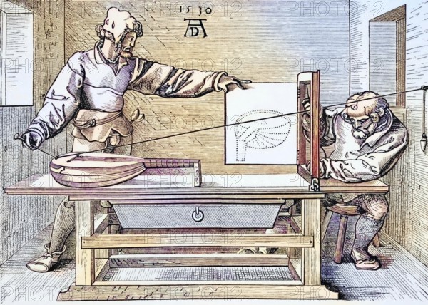 Instruments of mathematical precision for designing objects in perspective after a wood engraving