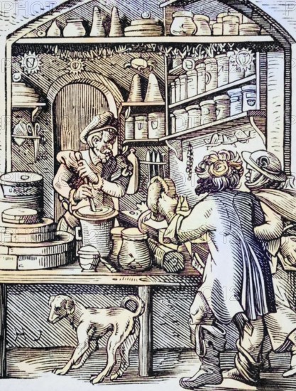 The apothecary. Reproduction of a woodcut from the 16th century by Jost Amman from the 19th