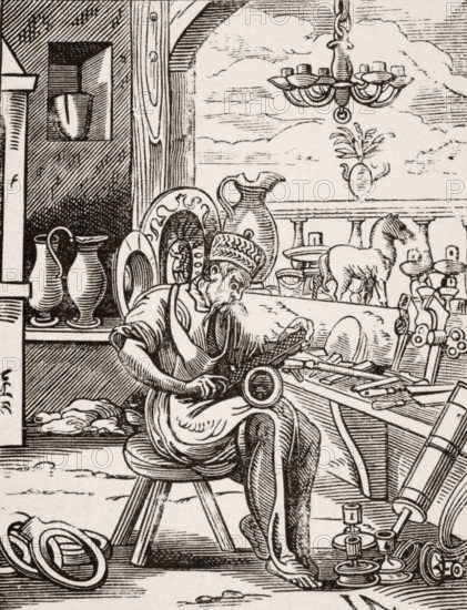 Coppersmith. Reproduction of a woodcut from the 16th century by Jost Amman from the 19th century,