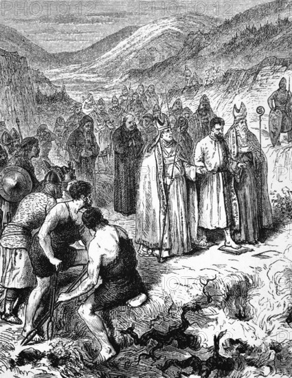 A trial by fire Walking on hot ploughshares to determine guilt for crimes, heresy, etc., 9th