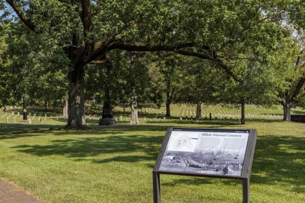 Sign tells the history of the US National Cemetery in Shiloh National Military Park near Shiloh,