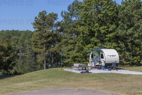 R-pod camper set up in camp site at the Pin Oak Campground in Natchez Trace State Park near
