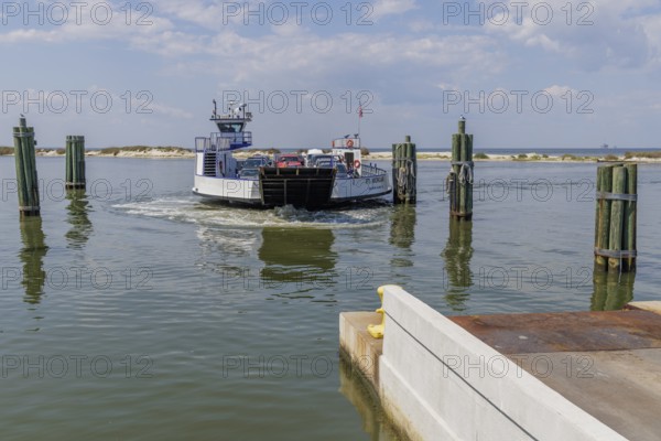 Mobile Bay Ferry approaching the dock at Dauphin Island, Alabama