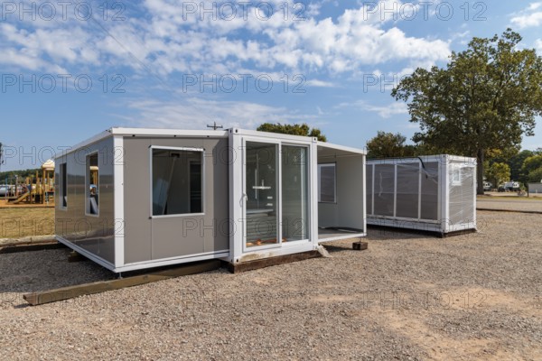 Foldable tiny house container kit home partially unfolded at Botel Campground near Savannah,