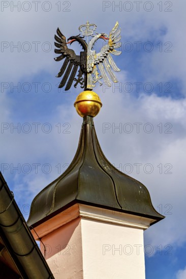 A wrought-iron heraldic animal on an onion dome in front of a blue sky with clouds, eagle figure on