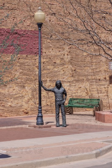Statue of a man Standin' on a Corner in Winslow Arizona as sung in the classic Glenn Frey and