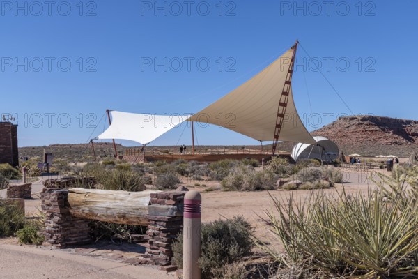 Shade structures provide visitors relief from the desert sun at Eagle Point in Grand Canyon West