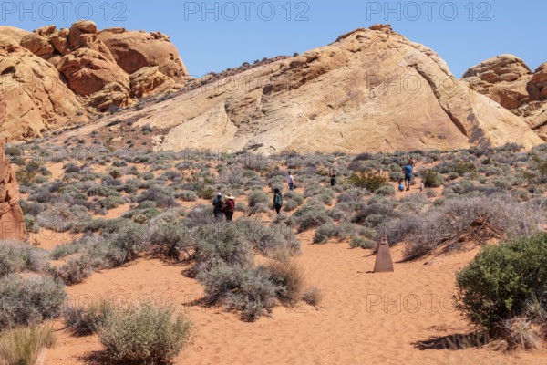 Hikers near the trailhead of the Fire Canyon Overlook Trail at Valley of Fire State Park near