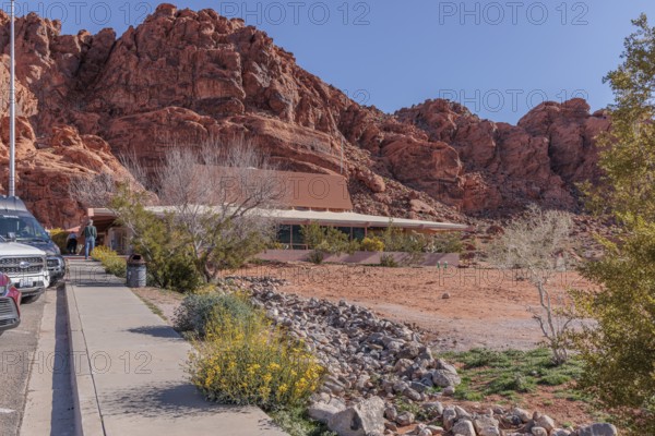 Visitor Center at the base of large red rock formations in Valley of Fire State Park near Overton,