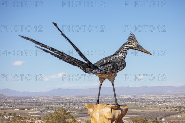 Giant Recycled Roadrunner statue made entirely from discarded materials by artist Olin Calk at an