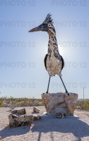 Giant Recycled Roadrunner statue made entirely from discarded materials by artist Olin Calk at an