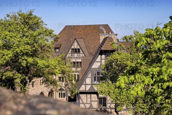 Half-timbered house surrounded by trees on a sunny day with a blue sky, The Hotel zur Wartburg near