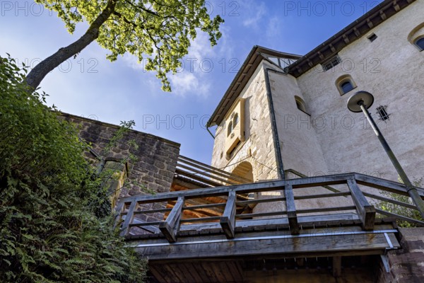 Close-up of part of a building with a wooden structure and wall, Wartburg Castle near Eisenach in