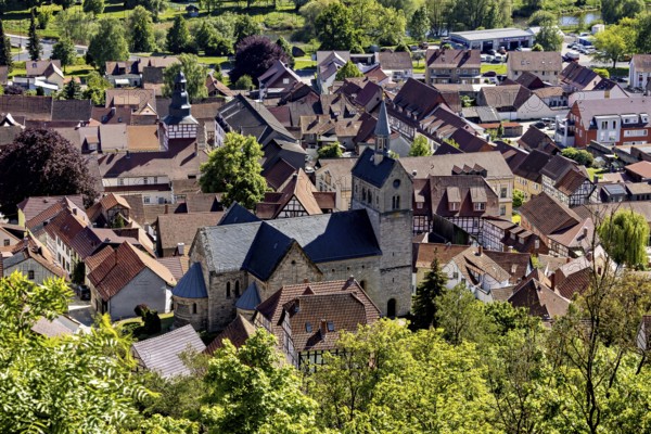 View of a picturesque village with old half-timbered houses and a central church in the