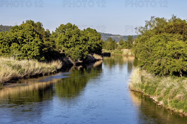 A quiet river, lined with dense trees, stretches through a peaceful landscape, Normannstein Castle