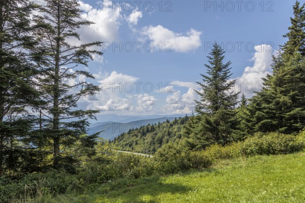 Smoky haze over the foliage on the mountainsides along the Blue Ridge Parkway in the Smoky
