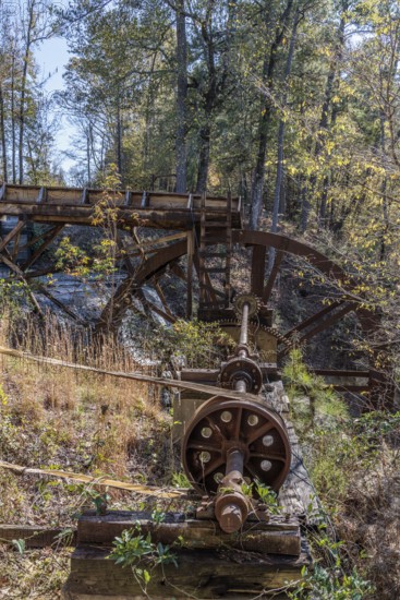 Hardware to convert energy from water wheel to gristmill and cotton mill at Dunn's Falls Park near