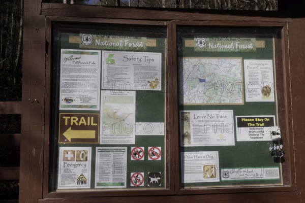 Information signs at the Benton MacKaye trailhead in Chattahoochee National Forest near Blue Ridge,