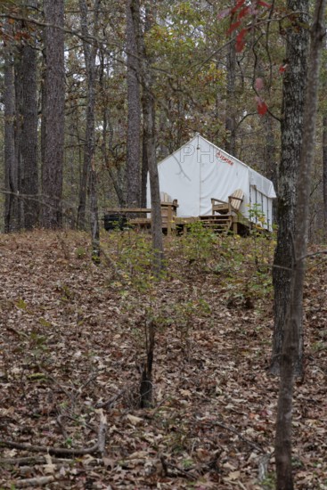 Tentrr glamping tent on a raised platform with a wooden porch at Clarko State Park near Quitman,