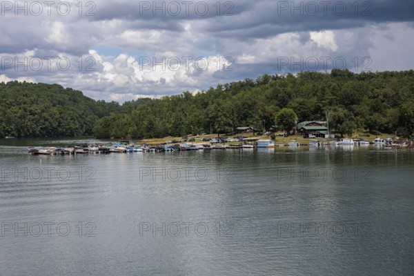 View of a marina on Fontana Lake as seen from the open air car of the Great Smoky Mountains