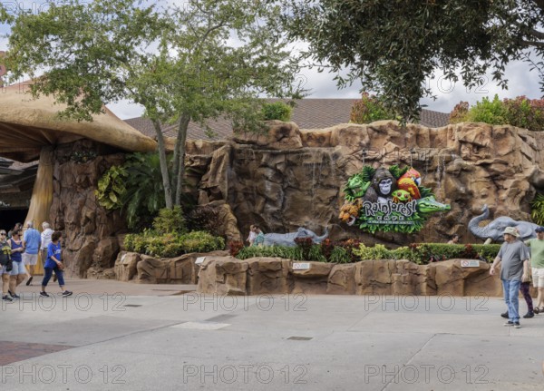 Sign for the Rainforest Cafe theme restaurant in Disney Springs at Disney World in Orlando,