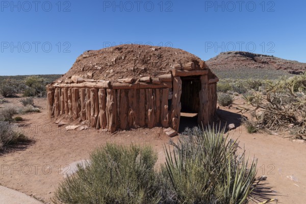 Navajo hogan exhibit teaches guests about native American culture at Grand Canyon West near Peach