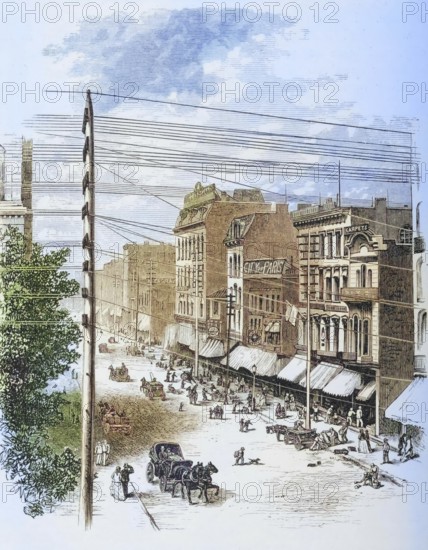 Clark Street, Chicago, Illinois, 1870s, America, digital reproduction from American Pictures, drawn